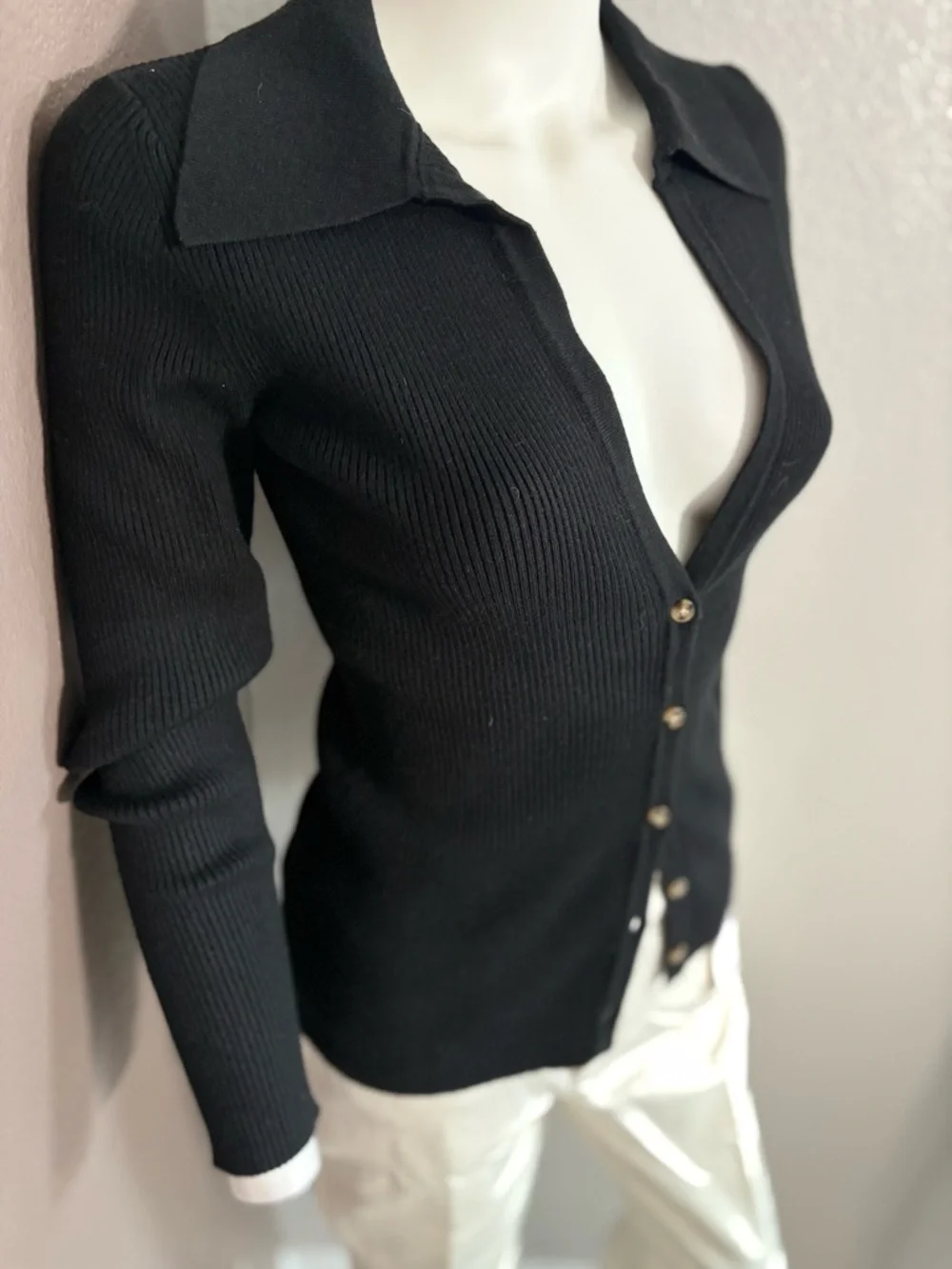 Slim Ribbed V-Neck Button-Front Sweater - Black - Picture 2 of 5